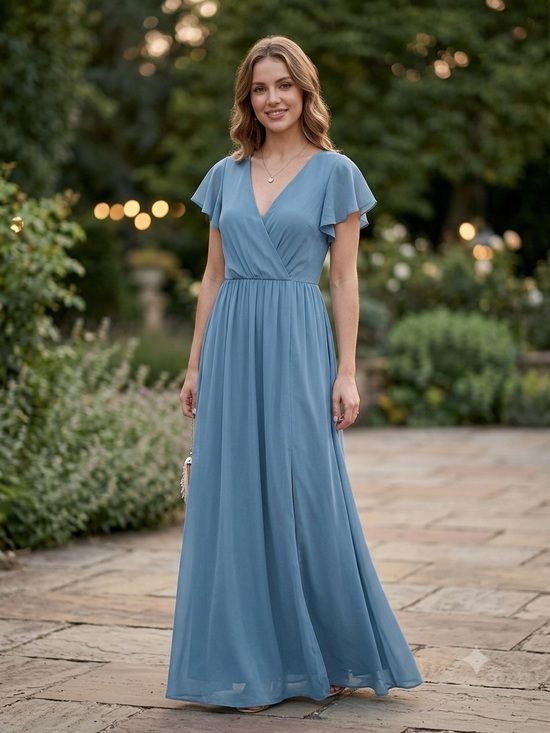 Lulus Dresses & Skirts - Lulus Lost in the Moment Slate Blue Maxi Dress Flutter Sleeve Front Slit Size S